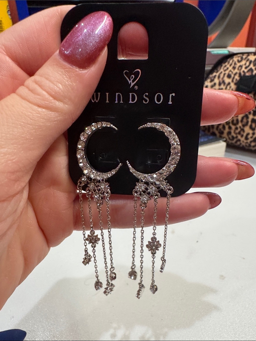 Windsor Silver Crescent Crystal Drop Earrings with Dangling Chains